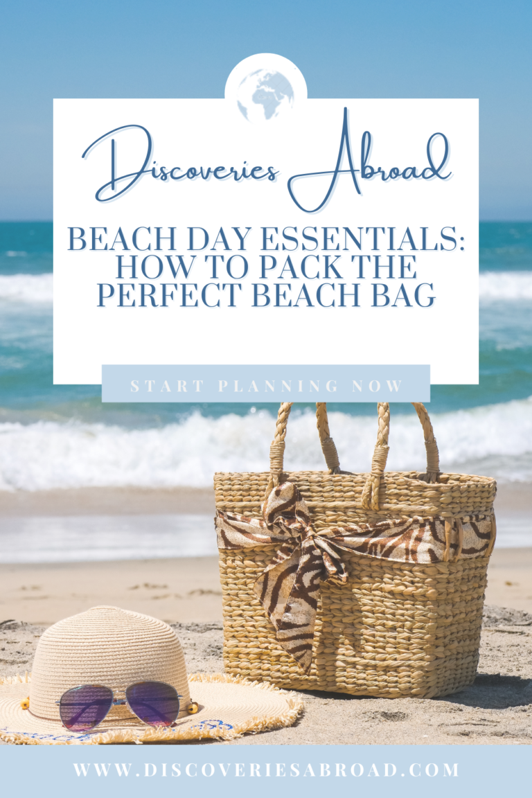 Blog promotion pin for Beach Day Essentials with a beach background and a bag with a hat and sunglasses.