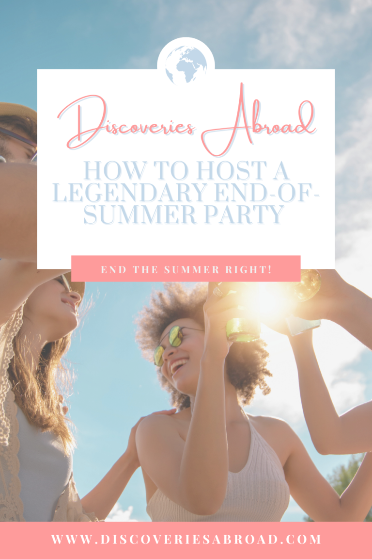 Discoveries Abroad Article: How to Host an End-of-Summer Party with a summer gathering of friends as a background.