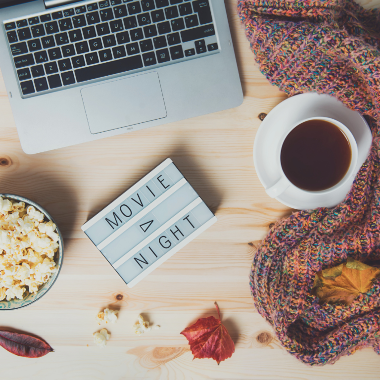 A layout photo with a cozy autumn movie night vibe for cozy fall movies.