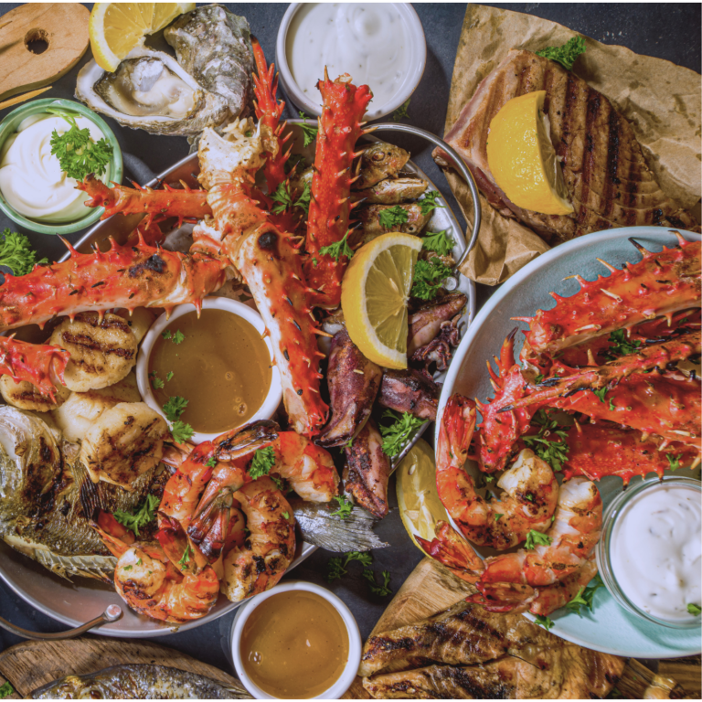 Overview of a PEI seafood dinner.