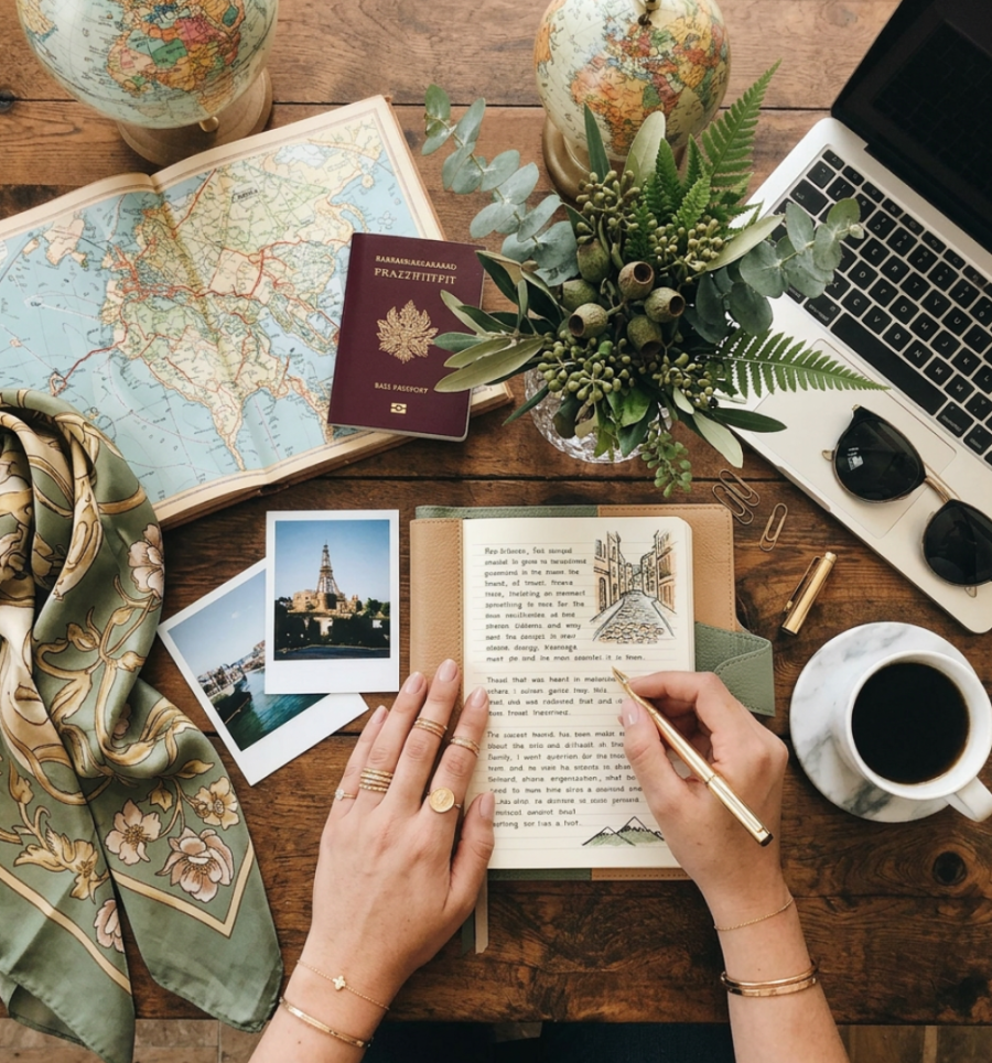 Beautiful desk view of workspace in travel industry.