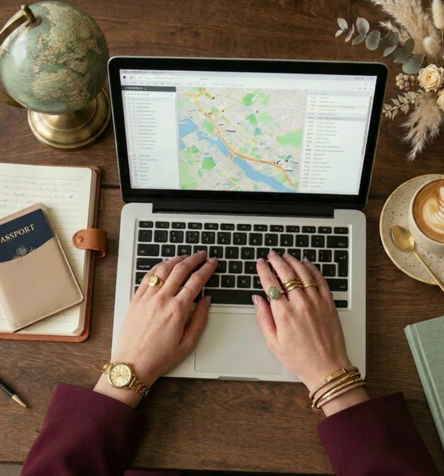 Discoveries Abroad travel agent working at desk with passport and Google Maps.