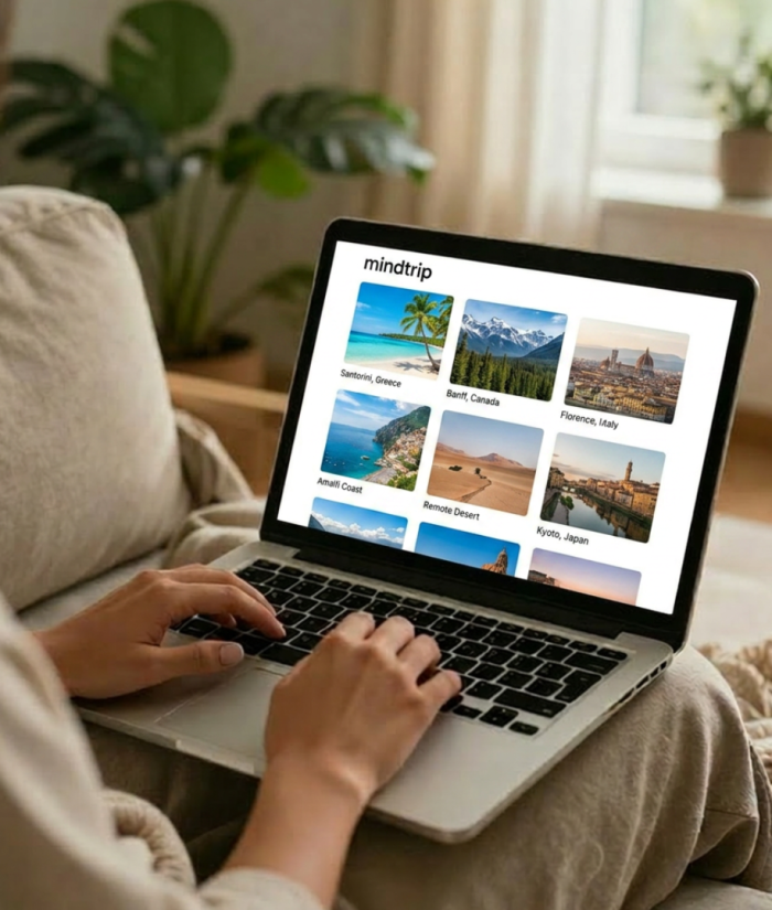 A person on their couch, scrolling through travel destinations.