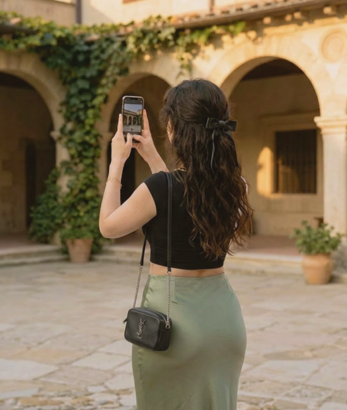 Back view of a travel UGC content creator and travel planner.